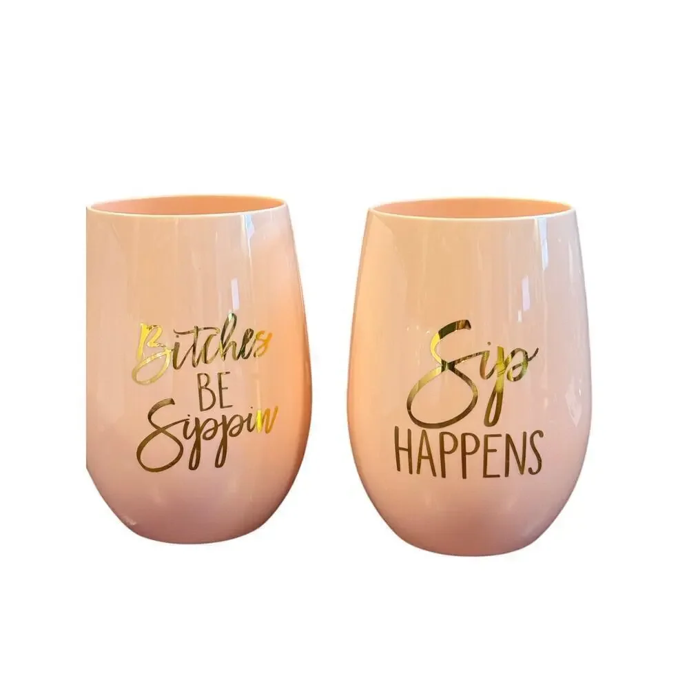 Loco Llama Plastic Gold Graphic Wine Glasses Drinkware Pink NWT
